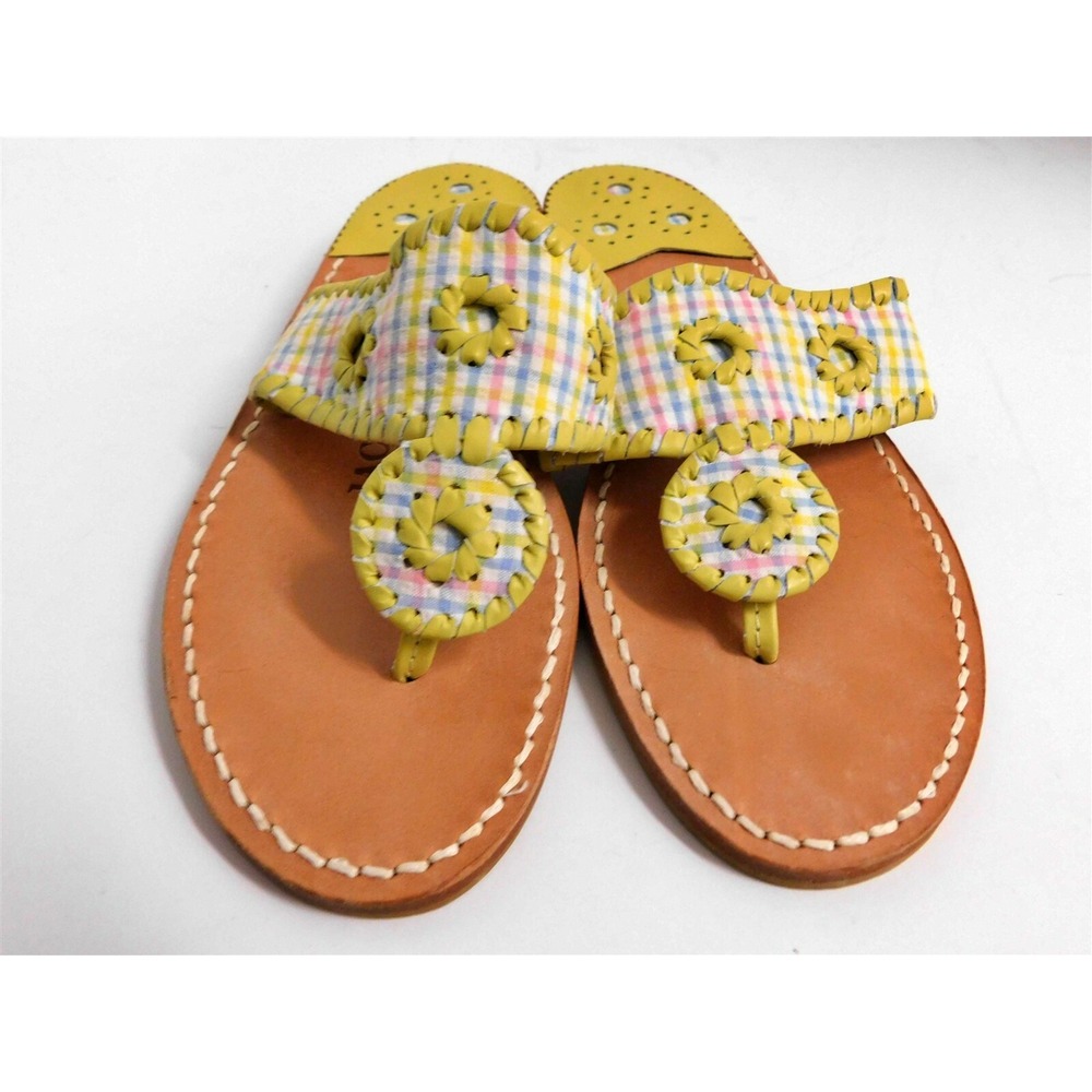 New Jack Rogers Navajo Yellow Pastel Multi Plaid Leather Flip‎ Flop Sandals 6 M - Picture 2 of 4